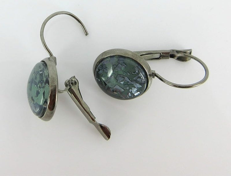 Summerfield Collection Hematite-tone Teal Blue Green Flake Glitter Glass Lever-back Drop Earrings Hand-painted