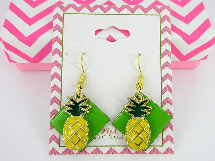 Summerfield Collection Gold-tone Green Enamel Pineapple Charm Dangle Earrings