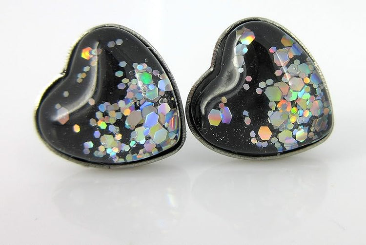 Summerfield Collection Stainless Steel Black and Silver Glitter Glass Heart Stud Earrings Hand-painted