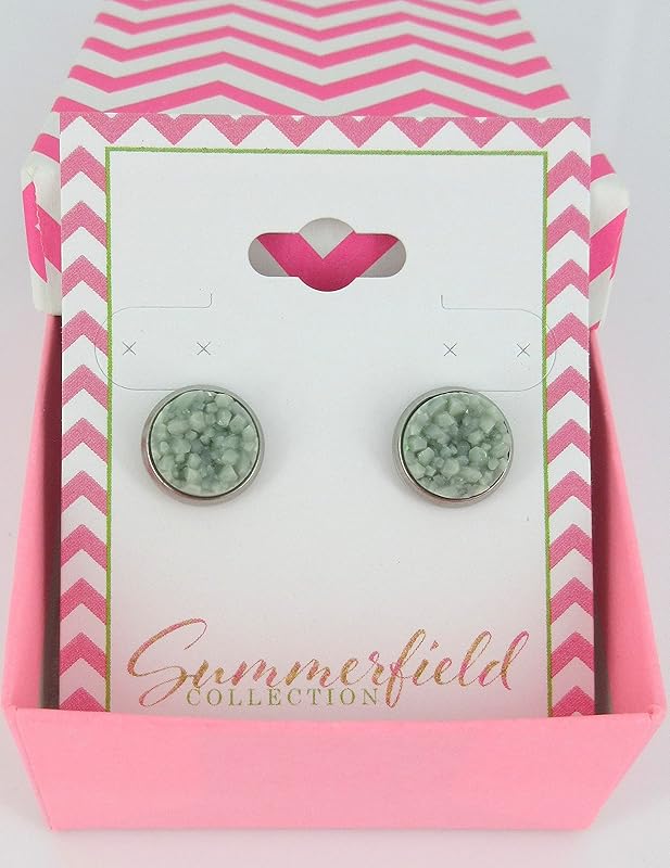 Summerfield Collection Stainless Steel Matte Faux Druzy Stone Stud Earrings 10mm (Light Sage)