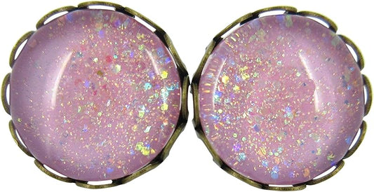 Summerfield Collection Antiqued Gold-tone Lilac Purple Iridescent Glitter Glass Stud Earrings Hand-painted 12mm