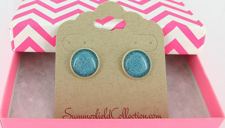 Summerfield Collection Silver-tone Soft Teal Green Blue Glitter Glass Stud Earrings Hand-painted 12mm