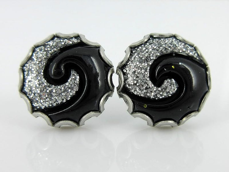 Summerfield Collection Stainless Steel Black and Silver Glitter Swirl Resin Stud Earrings 12mm