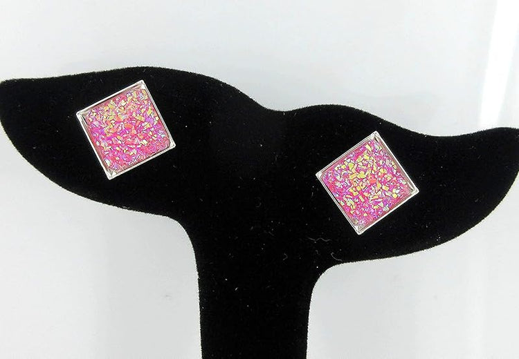 Summerfield Collection Silver-tone Geometric Square Shaped Flat Faux Druzy Stud Earrings 12mm (Hot Pink)