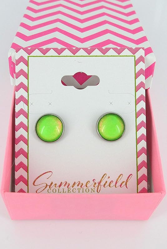 Summerfield Collection Stainless Steel Neon Green Colorshifting Glitter Glass Stud Earrings Hand-painted 10mm