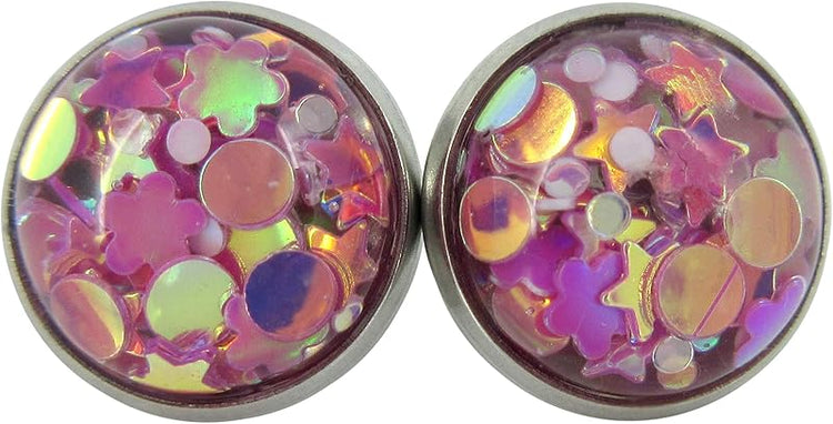 Summerfield Collection Stainless Steel Glitter Resin Globe Stud Earrings 12mm (Magenta)
