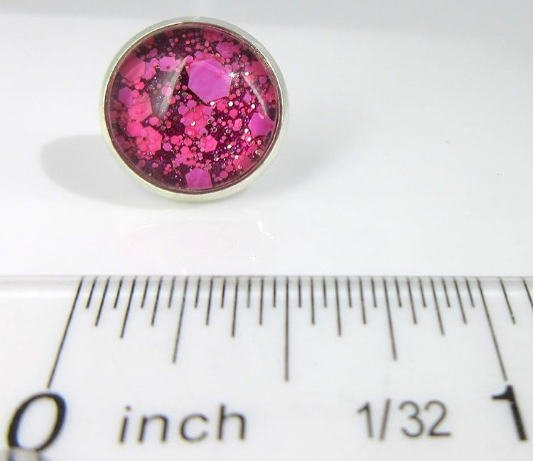Summerfield Collection Silver-tone Raspberry and Hot Pink Glitter Glass Stud Earrings Hand-painted 12mm