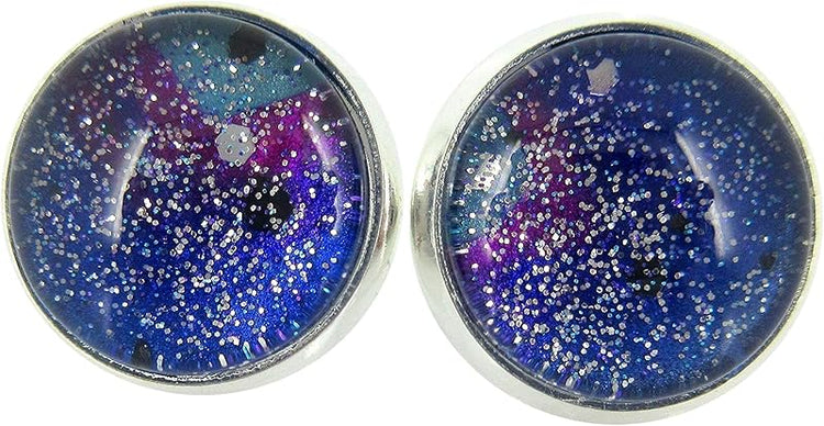 Summerfield Collection Silver-tone Glitter Glass Galaxy 12mm Stud Earrings Blue Purple Teal