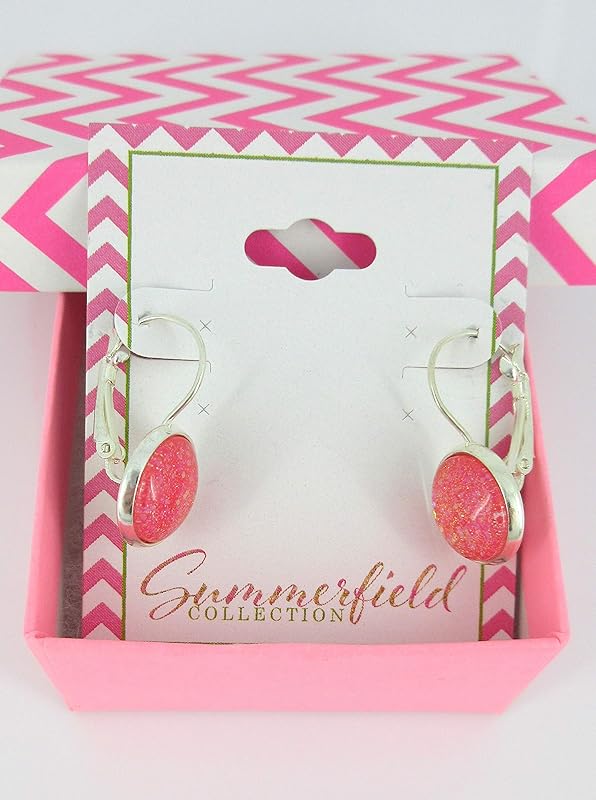 Summerfield Collection Silver-tone Coral Iridescent Glitter Glass Galaxy Drop Earrings Leverback Hand-painted