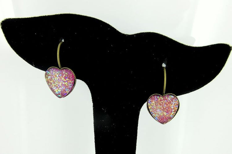 Summerfield Collection Antiqued Gold-tone Berry Iridescent Glitter Glass Heart Drop Earrings Hand-painted