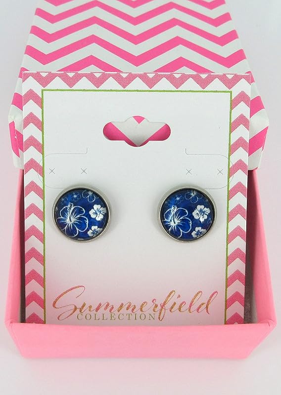 Summerfield Collection Stainless Steel Hibiscus Flower Print Glass Stud Earrings 12mm Hawaiian (Royal Blue)