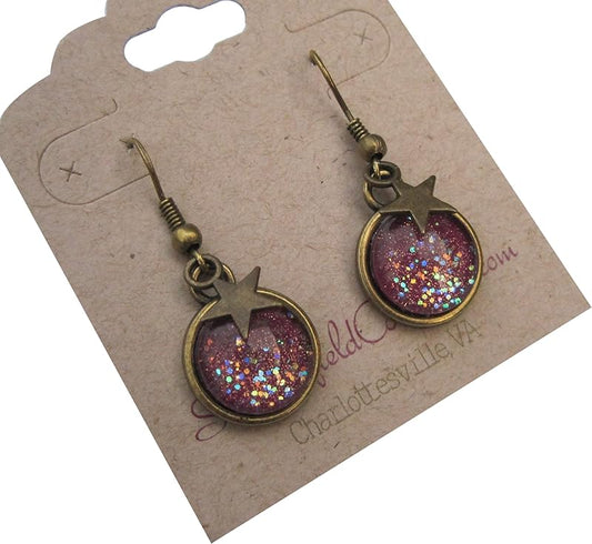 Summerfield Collection Antiqued Gold-tone Glitter Glass Star Charm Galaxy Dangle Earrings Plum Berry Purple Hand-painted