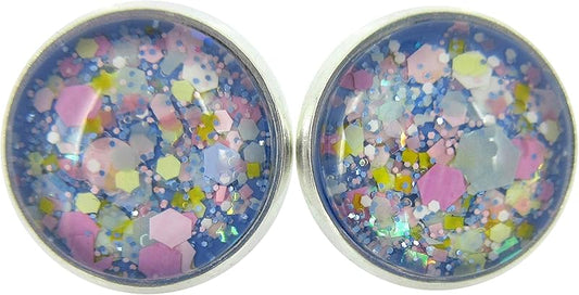 Summerfield Collection Silver-Tone Blue Pastel Periwinkle Glitter Glass Stud Earrings 1/2" Round