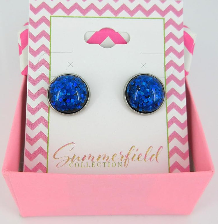 Summerfield Collection Stainless Steel Royal Blue Glitter Resin Stud Earrings (12mm)