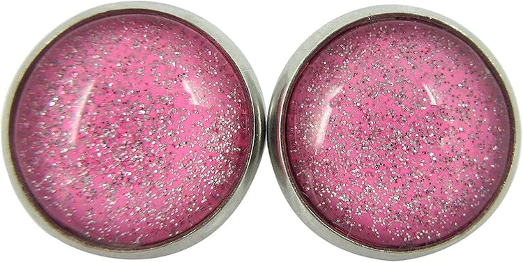 Summerfield Collection Stainless Steel Pink and Silver Glitter Glass Stud Earrings Hand-painted 12mm
