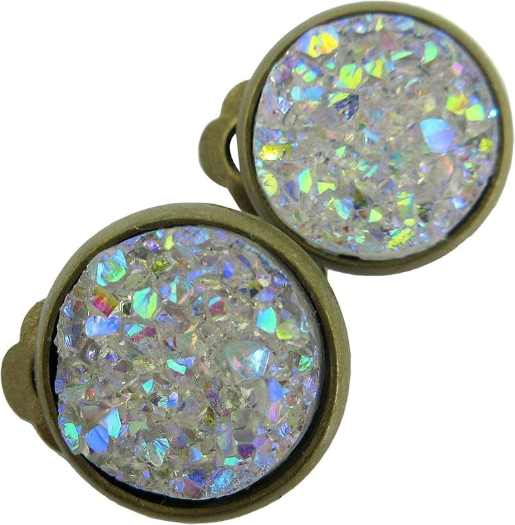 Summerfield Collection CLIP-ON Antiqued Gold-tone Faux Druzy Stone Stud Earrings 12mm (Clear AB)