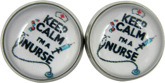 Summerfield Collection Stainless Steel Keep Calm I'm a Nurse Print Glass Stud Earrings 12mm White Black Red