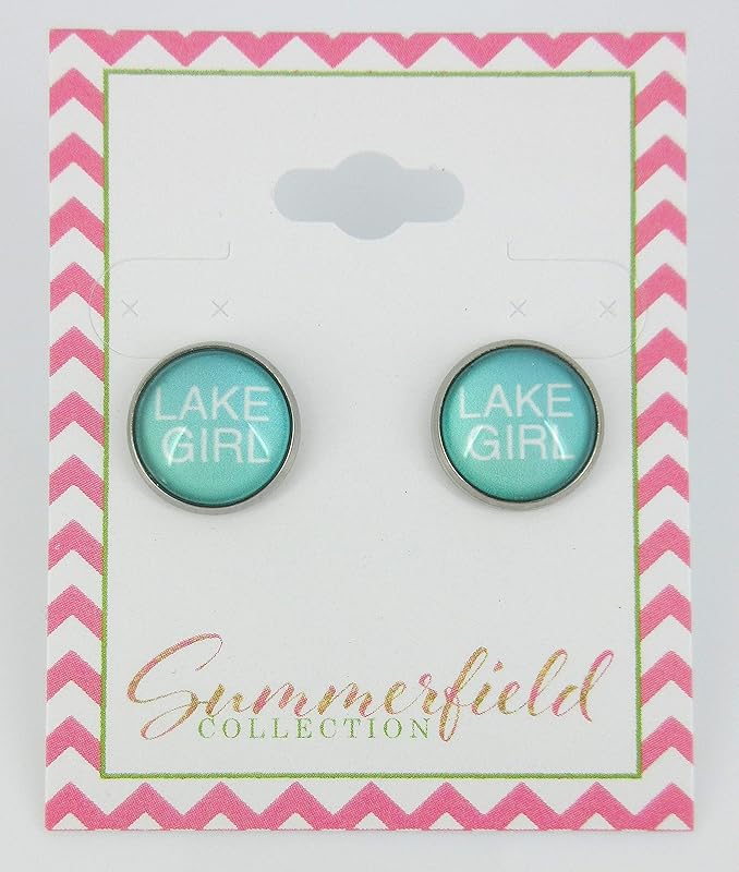Stainless Steel Florida Girl Print Glass Stud Earrings 12mm (Lake Girl)