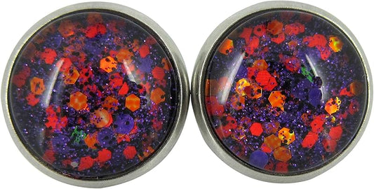 Summerfield Collection Stainless Steel Purple Orange Glitter Glass Stud Earrings Hand-painted 12mm