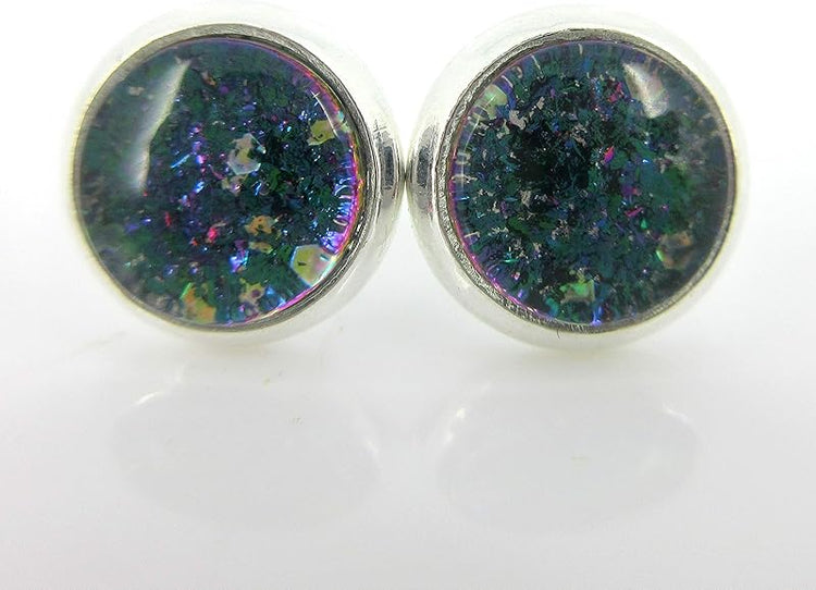 Summerfield Collection Silver-tone Aqua Blue and Purple Glitter Glass Stud Earrings Hand-painted 8mm