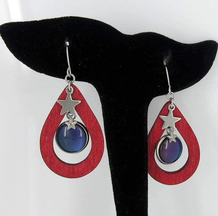 Summerfield Collection Stainless Steel Patriotic Glass Star Charm Teardrop Wood Dangle Earrings Hand-painted