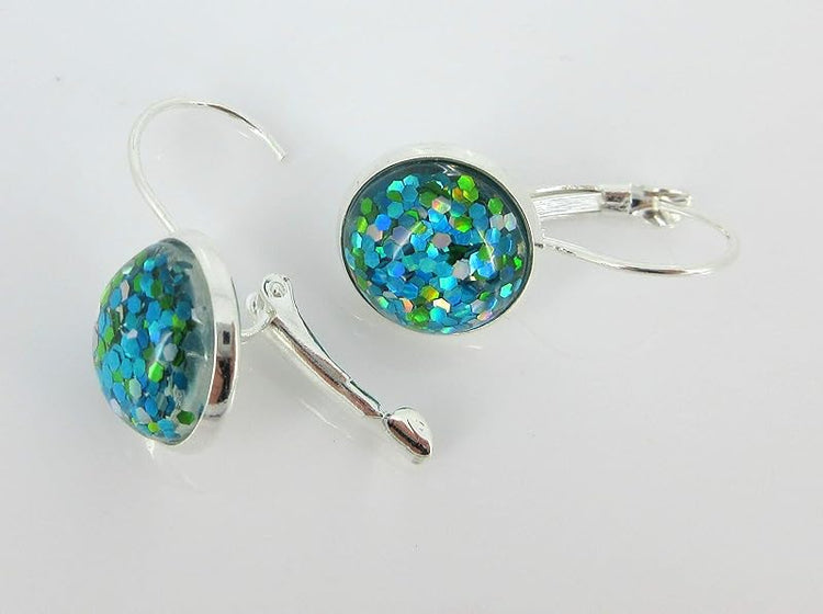 Summerfield Collection Silver-tone Metallic Glitter Resin Lever-back Drop Earrings 12mm (Blue/Green)