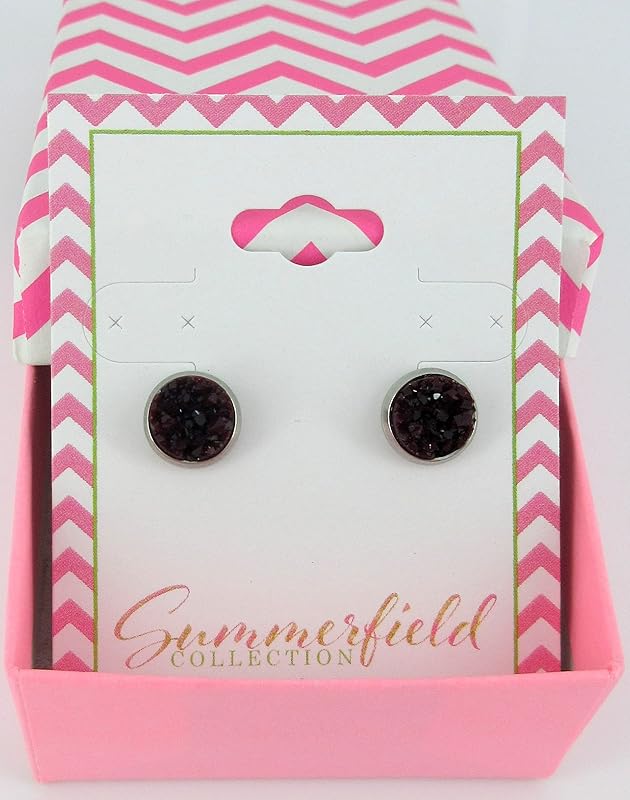Summerfield Collection Stainless Steel Matte Faux Druzy Stone Stud Earrings 8mm (Black Cherry)
