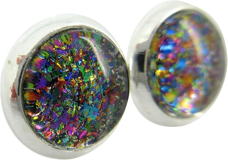 Summerfield Collection Silver-tone Dark Rainbow Glitter Glass Stud Earrings Hand-painted 8mm