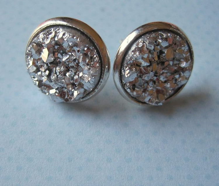 Summerfield Collection Silver-tone Duo Stud Earrings Hand-painted Mint Green Twinkle Glitter Glass Faux Druzy Stone 12mm