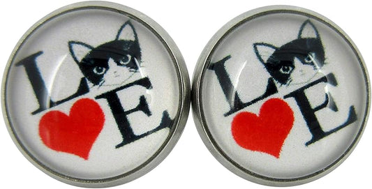 Summerfield Collection Stainless Steel Cat Lover Printed Glass Stud Earrings 12mm (LOVE Cats)