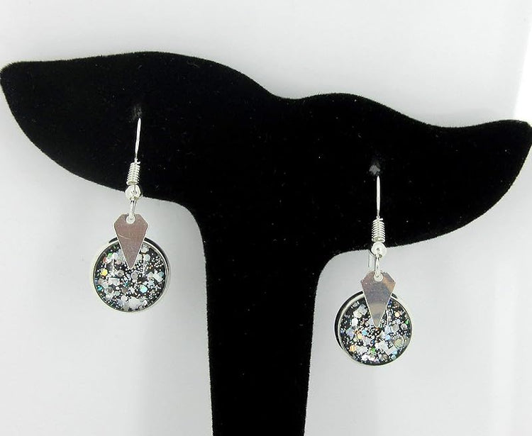 Summerfield Collection Silver-tone Black and White Glitter Glass Geometric Charm Dangle Earrings