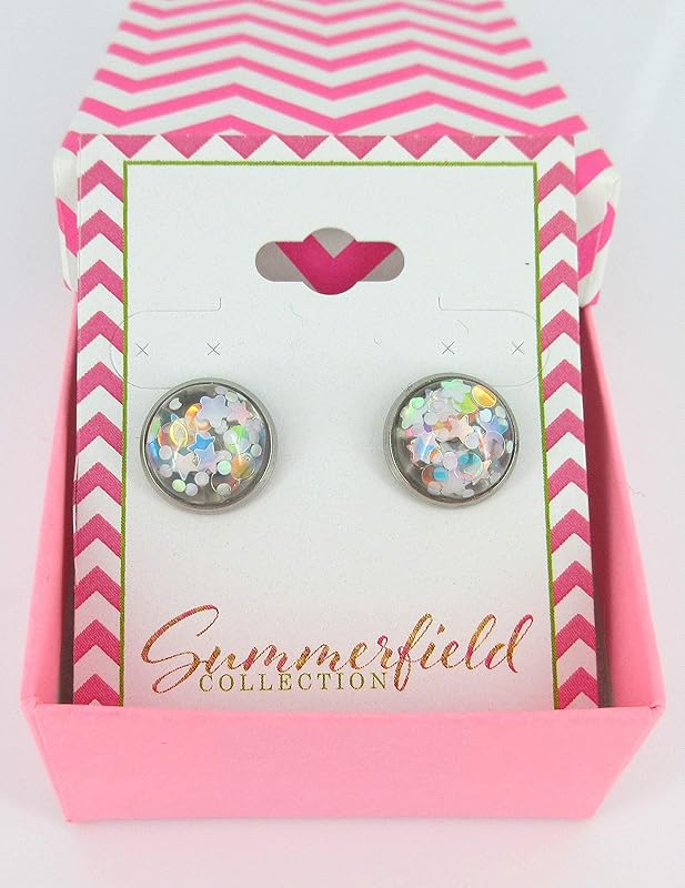 Summerfield Collection Stainless Steel Glitter Resin Globe Stud Earrings 12mm (White)