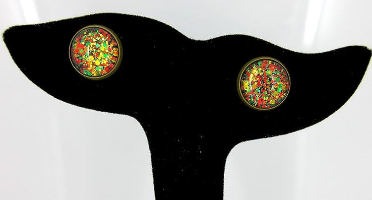 Summerfield Collection Antiqued Gold-tone Christmas Mix Glitter Glass Stud Earrings Hand-painted 12mm
