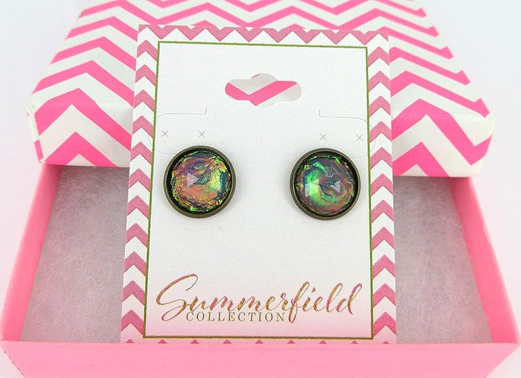 Summerfield Collection Antiqued Gold-tone Faceted Resin Opalescent Stud Earrings 12mm (Blue)