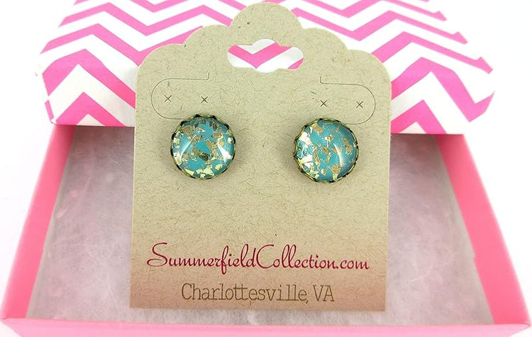 Summerfield Collection Antiqued Gold-tone Teal Blue Green Glitter Glass Stud Earrings Hand-painted 12mm