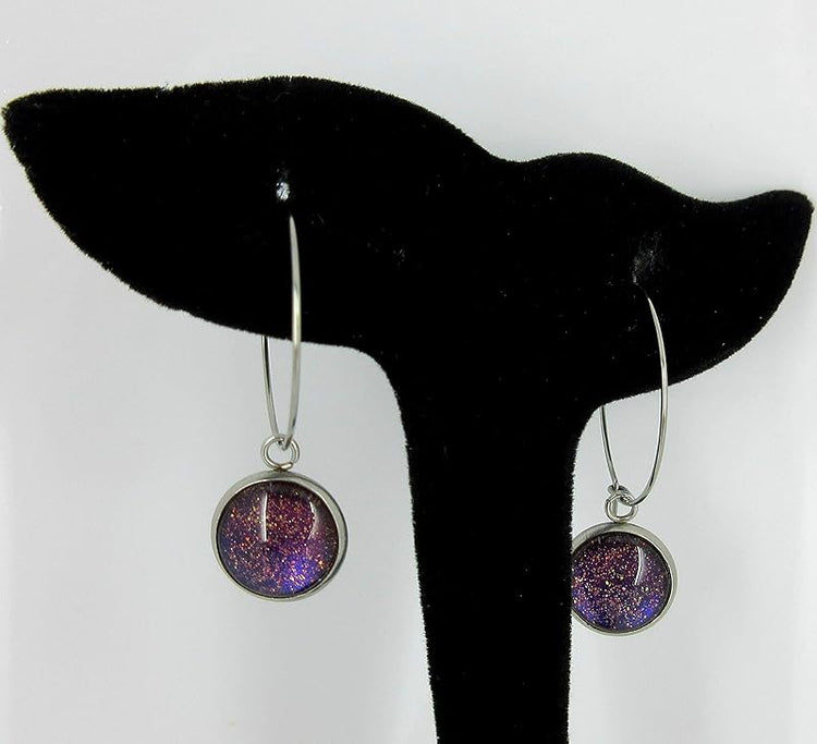 Summerfield Collection Stainless Steel Blue Red Purple and Gold Glitter Glass Charm Hoop Earrings Hand-painted 1"