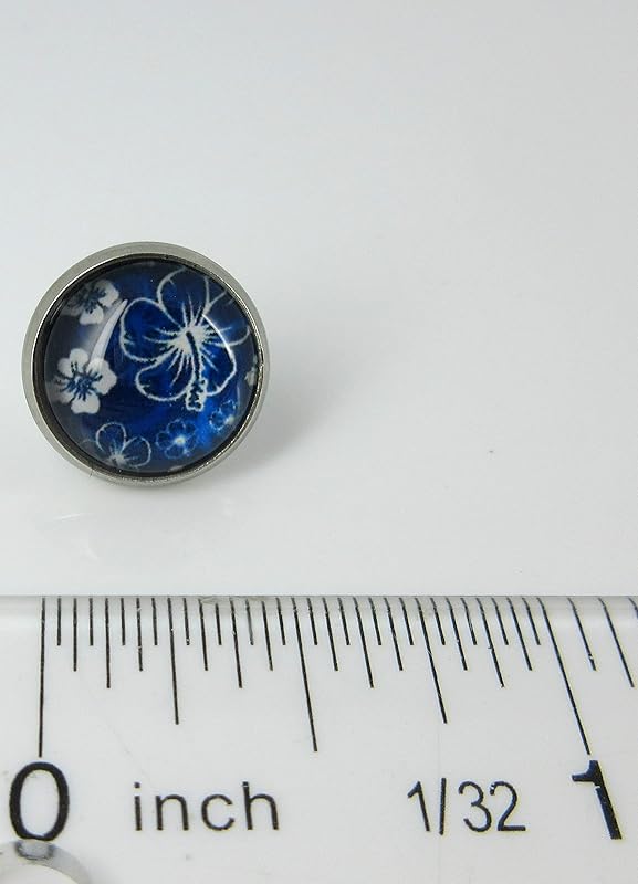 Summerfield Collection Stainless Steel Hibiscus Flower Print Glass Stud Earrings 12mm Hawaiian (Royal Blue)