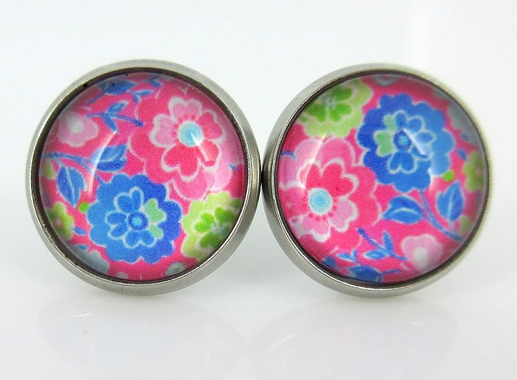 Summerfield Collection Stainless Steel Floral Printed Glass Necklace Stud Earrings Set (Pink)