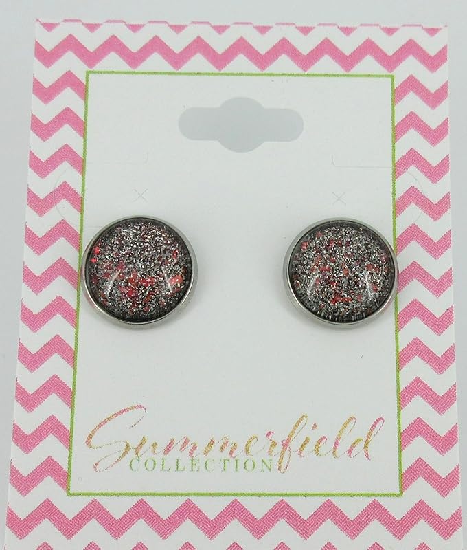 Summerfield Collection Stainless Steel Black with Holographic and Red Glitter Flakes Glass Stud Earrings Hand-painted 12mm