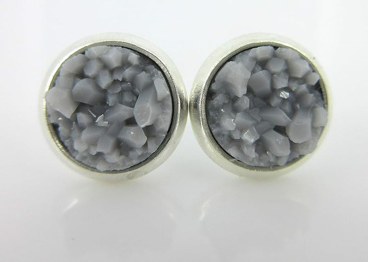 Summerfield Collection Duo Silver-tone Faux Druzy Stone Stud Earrings 8mm Set (Gray/Green)
