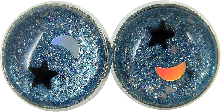 Summerfield Collection Silver-tone Star and Moon Holographic Glitter Glass Galaxy Stud Earrings Hand-painted 12mm