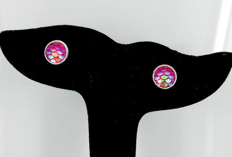 Summerfield Collection Silver-tone Metallic Mermaid Scale Stud Earrings 8mm (Hot Pink)