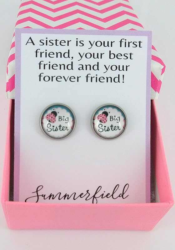 Summerfield Collection Stainless Steel Sister Print Glass Stud Earrings 12mm (Big Sister)