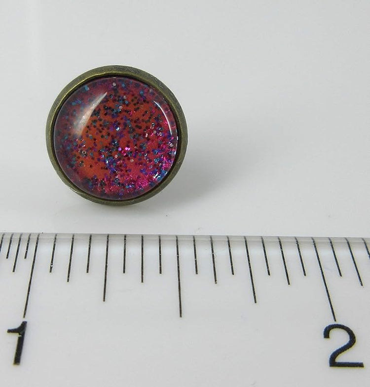 Summerfield Collection Antiqued Gold-tone Hot Pink and Blue Glitter Glass Stud Earrings Hand-painted 12mm
