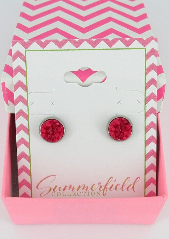 Summerfield Collection Stainless Steel Matte Faux Druzy Stone Stud Earrings 8mm (Magenta Pink)