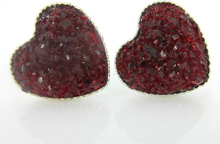 Summerfield Collection Silver-tone Heart Faux Druzy Stone Stud Earrings 12mm (Deep Red)