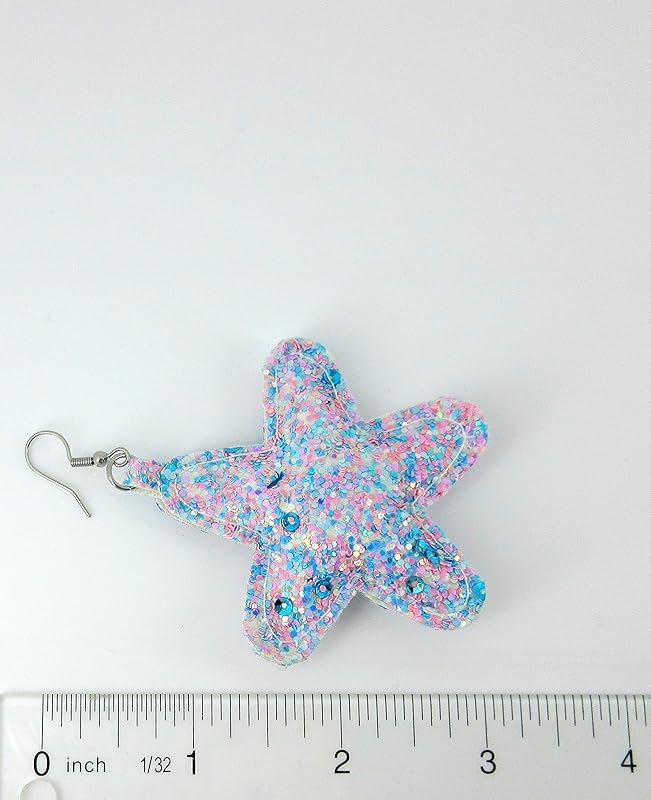 Summerfield Collection Stainless Steel Pastel Glitter Faux Leather Large Puffy Star Dangle Earrings (Lavender Purple)