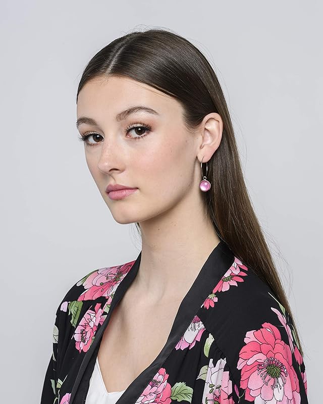 Summerfield Collection Stainless Steel Pink and Silver Glitter Glass Charm Hoop Earrings Hand-painted 1"