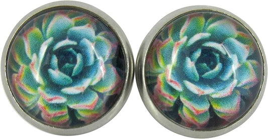 Summerfield Collection Stainless Steel Succulent Plant Print Glass Stud Earrings 12mm (Green/Yellow/Red)