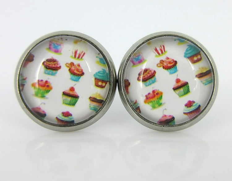 Summerfield Collection Duo Stud Earrings Stainless Steel Happy Birthday and Cupcake Print Glass 12mm Set